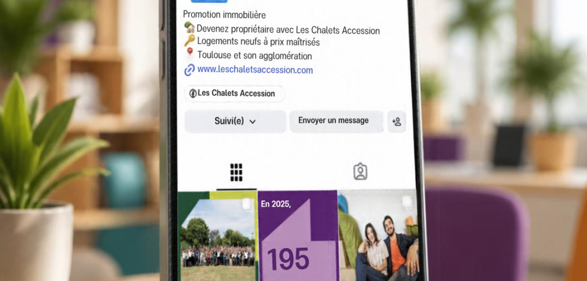 Smartphone affichant le compte Instagram Les Chalets Accession avec des publications dédiées au BRS, au PSLA, aux résidences livrées et à l’accession à la propriété.