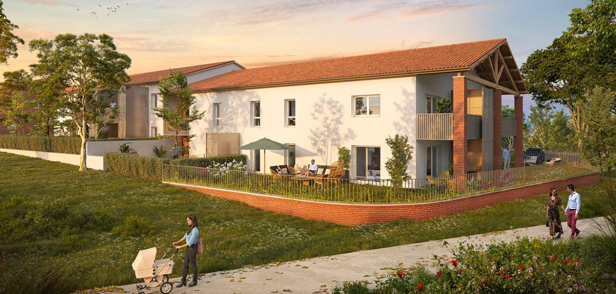 Résidence Les Allées de Marly à Auzeville-Tolosane Résidence Les Allées de Marly à Auzeville-Tolosane : perspective extérieure, logements neufs en PSLA avec jardins privatifs, terrasses et façades toulousaines.