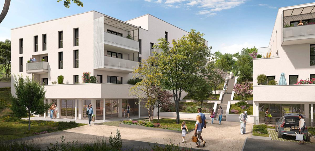Perspective de la résidence Déa à Ramonville-Saint-Agne montrant la place centrale dans l'écoquartier Maragon-Floralies, les accès piétons et les commerces en rez-de-chaussée.