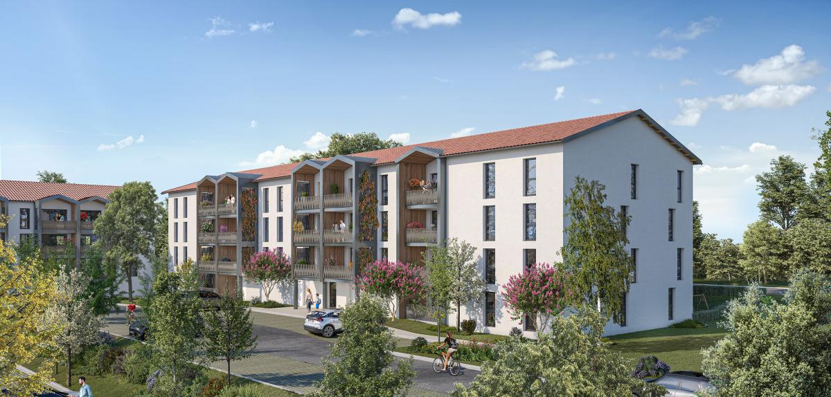 Résidence neuve Bertier à Montrabé Perspective de la résidence Bertier à Montrabé montrant les jardins, les accès piétons et les parkings extérieurs.