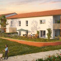 Résidence Les Allées de Marly à Auzeville-Tolosane : perspective extérieure, logements neufs en PSLA avec jardins privatifs, terrasses et façades toulousaines.