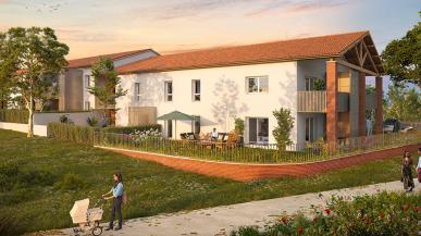 Résidence Les Allées de Marly à Auzeville-Tolosane : perspective extérieure, logements neufs en PSLA avec jardins privatifs, terrasses et façades toulousaines.