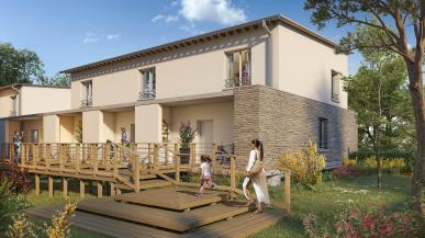 Vue extérieure des villas neuves Boho Villa à Fenouillet avec passerelles en bois sur pilotis et cheminements piétons arborés - Les Chalets Accession