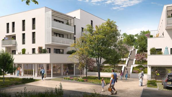 Perspective de la résidence Déa à Ramonville-Saint-Agne montrant la place centrale dans l'écoquartier Maragon-Floralies, les accès piétons et les commerces en rez-de-chaussée.
