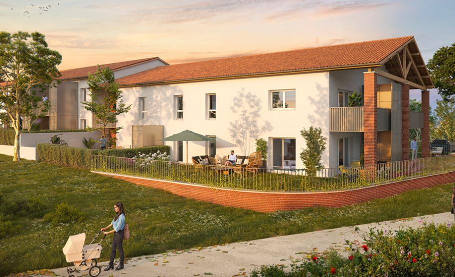Résidence Les Allées de Marly à Auzeville-Tolosane : perspective extérieure, logements neufs en PSLA avec jardins privatifs, terrasses et façades toulousaines.
