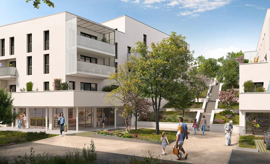 Perspective de la résidence Déa à Ramonville-Saint-Agne montrant la place centrale dans l'écoquartier Maragon-Floralies, les accès piétons et les commerces en rez-de-chaussée.
