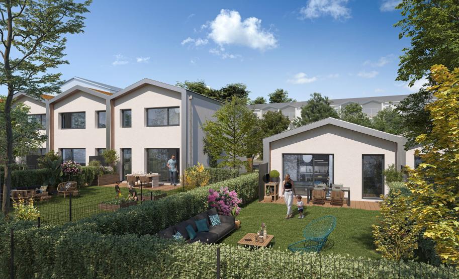 Jardin privatif d'une villa neuve de la Résidence Bertier à Montrabé, aménagement paysager moderne et cadre verdoyant