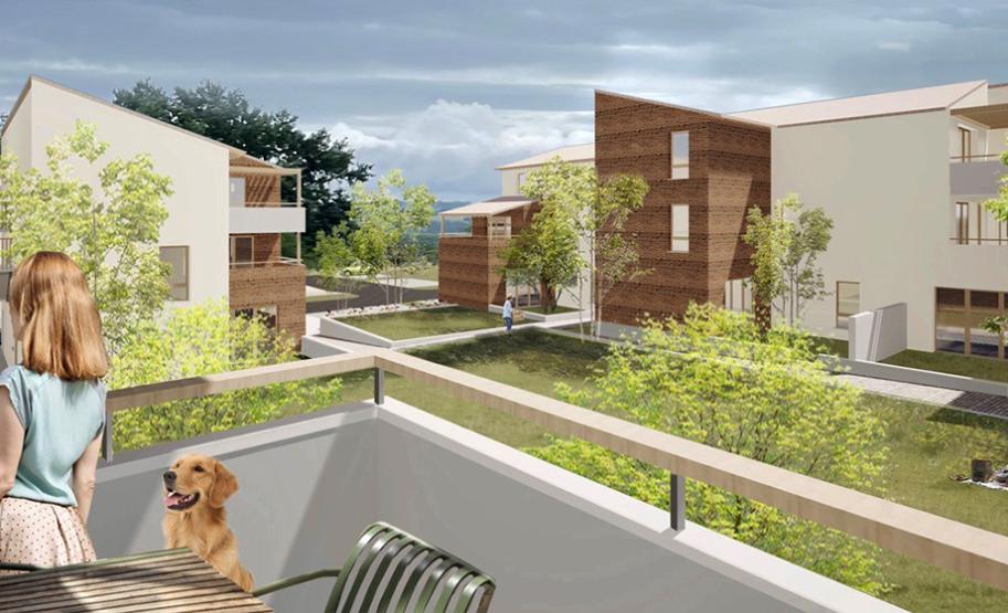 Résidence Auz’village à Auzeville-Tolosane, vue depuis un balcon sur les logements participatifs et espaces verts