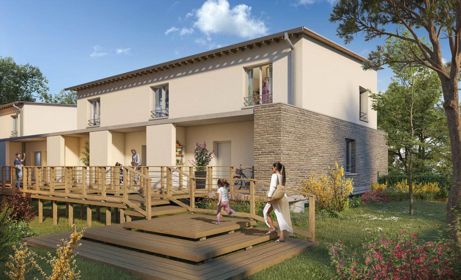 Vue extérieure des villas neuves Boho Villa à Fenouillet avec passerelles en bois sur pilotis et cheminements piétons arborés - Les Chalets Accession