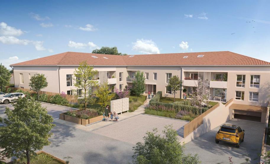 Vue extérieure de la résidence Bleu Azur à Cornebarrieu : appartements neufs en BRS avec toiture en tuiles, espaces verts aménagés et accès parking